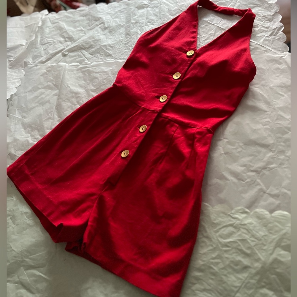 VTG 90s halter romper sz small ‘91 gold buttons 2.5” inseam shorty shorts summer